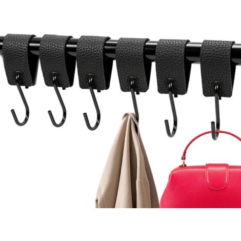 Paquete de 6 ganchos negros en forma de S con presilla de cuero, multiusos, de metal, para perchero, cocina y baño.