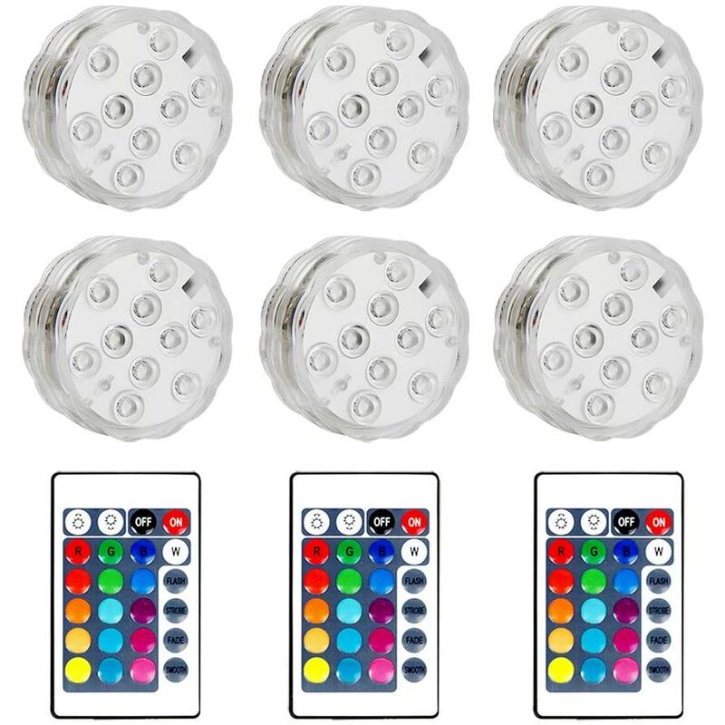 

Paquete de 6 luces LED sumergibles con control remoto para estanque - Cambio de color LED RGB - Impermeable - Cambio de color - Pilas AAA