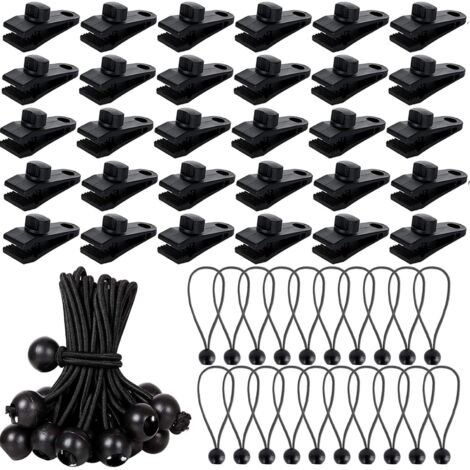 Paquete de 60 clips de sujeción para lonas con cordón elástico. Clips negros para lonas, tiendas de campaña, toldos, lonas para caravanas y cubiertas para piscinas.