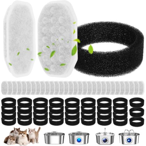 Paquete de 64 filtros de repuesto para fuente de agua para gatos, acero inoxidable, 3,2 L, caudal de agua ajustable, fuente de agua para mascotas (32 filtros y 32 esponjas).