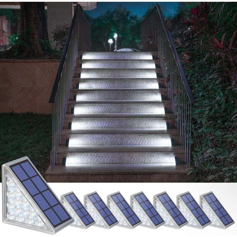 Paquete de 8 luces solares para escaleras, escalones, terrazas, entradas, porches, puertas y aceras. Blanco frío. DEBUNS