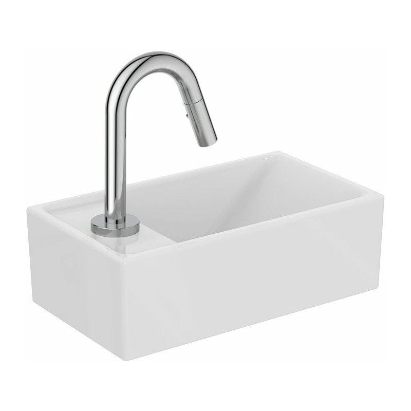 

Paquete de lavabo EUROVIT +, estante STREAM izquierda blanco y cromado con grifo de columna STANDARD - Ideal