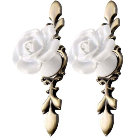 Paquete de pomos de cerámica con forma de flor para gabinete, con forma de rosa vintage, para armarios de cocina y muebles (bronce blanco).