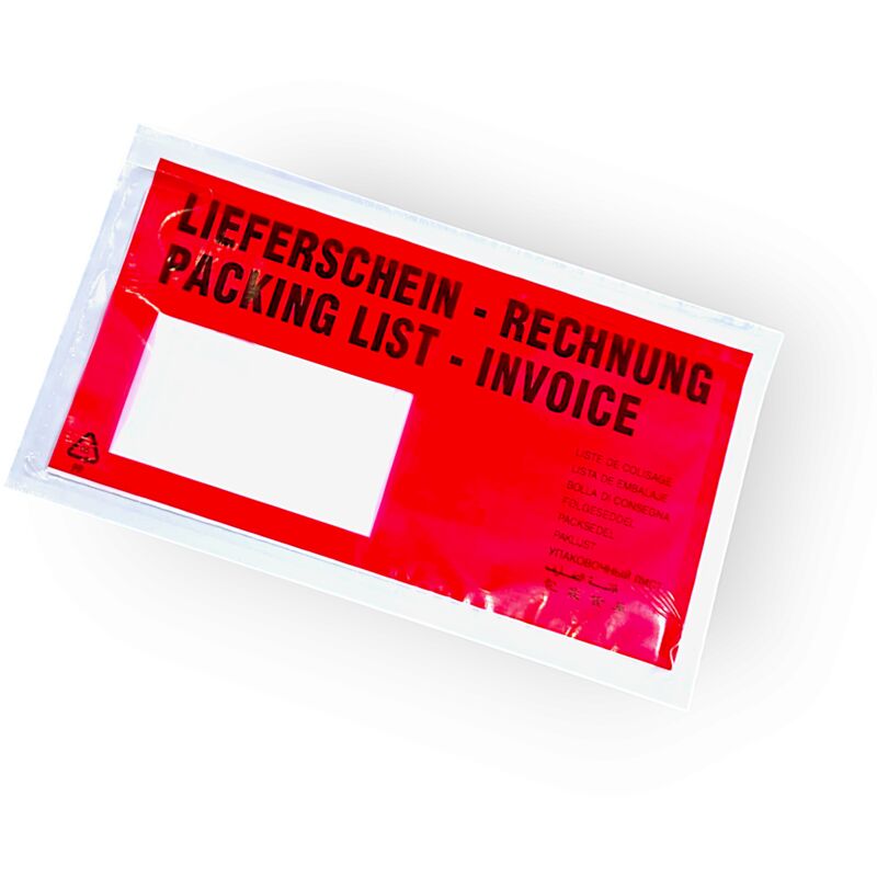 Paquete de sobre autoadhesivo con pegatina DL con impresión (LIEFERSCHEIN RECCHNUNG). 100 uds.