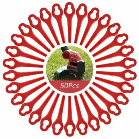 Paquete promocional de 50 cuchillas compatibles con la desbrozadora Ferrex Aldi Far 20-i. Cuchillas de repuesto para la desbrozadora inalámbrica Ferrex L95 (13 x 8 mm, color rojo).