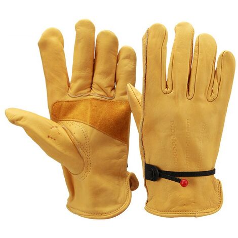 Par de guantes de trabajo de cuero para hombre, con muñequera de bola y cinta, amarillo, XL