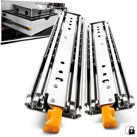 Par de guías para cajones de alta resistencia con bloqueo - Extensión total - Capacidad de carga de 220 kg - Rodamientos de bolas - Montaje lateral (con bloqueo, 300 mm)