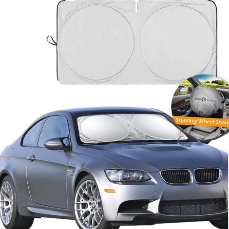 Parabrezza Anteriore + Coprivolante Parasole per Auto, Parasole Anteriore Interno, Anti UV e Calore, Pieghevole, Universale, Argento, Taglia S (150x80 cm)