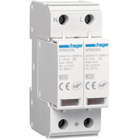 Parafoudre 2P T2 TNS/TT Uc 320V In 20kA Imax 65kA telesignalisation - HAGER SPB265R