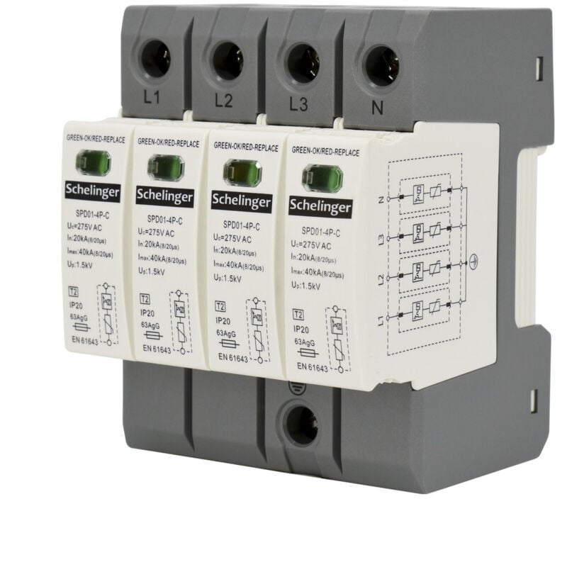 Schelinger - Parafoudre 4 pôles - 20kA - Classe T2 (c) - Rail din - IP20 - Schneider Electric