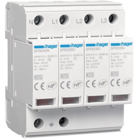 Parafoudre 4P T2 TNS/TT Uc 275V In 20kA Imax 40kA telesignalisation - HAGER SPB440R
