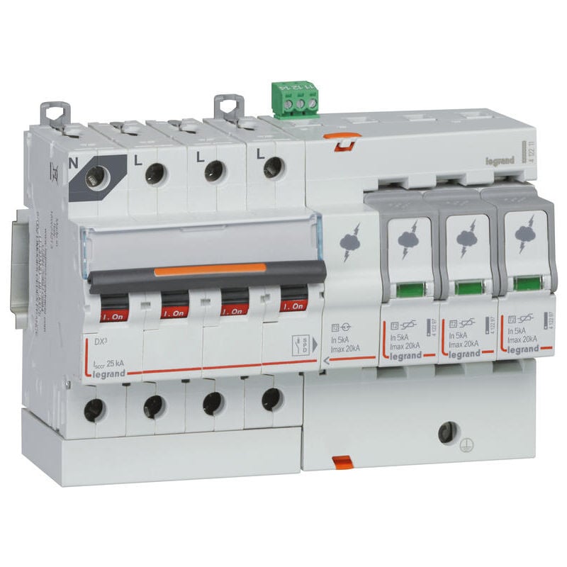 Parafoudre avec protection de court-cicuit intégrée typeT2 Imax 20kA 3P+N 320V 8 modules LEGRAND 412211