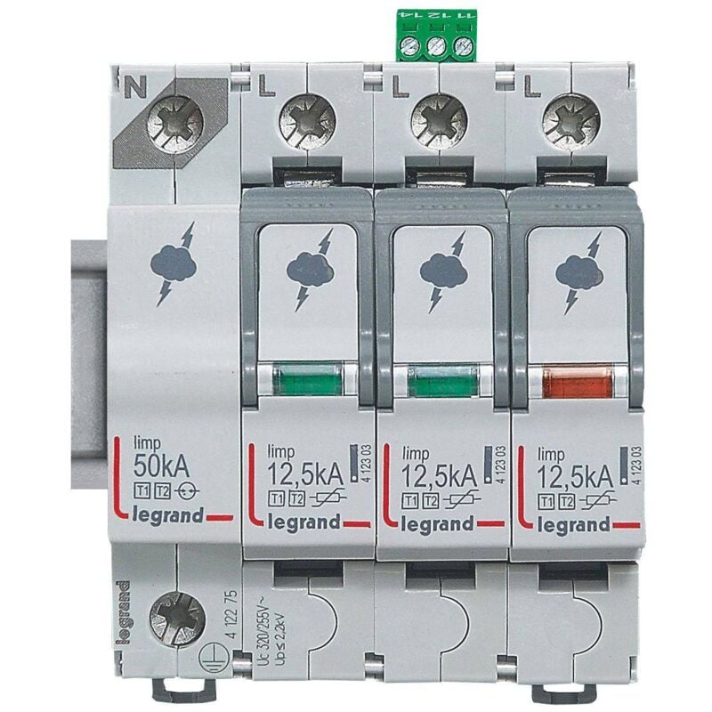 Parafoudre pour protection générale de tableau principal typeT1+typeT2 Iimp 12,5kA/pôle 3P+N 4 modules Legrand 412275