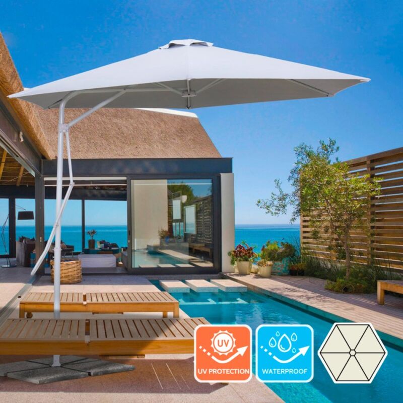 

Elios Parasols - Paraguas 3 metros brazo descentralizado blanco hexagonal acero anti UVv Dorico