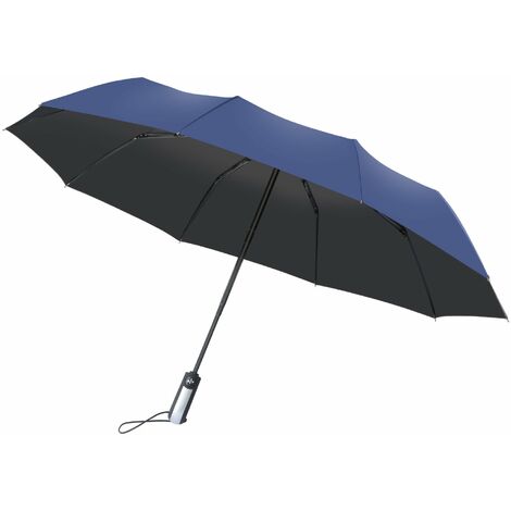 Paraguas de viaje resistente al viento con dosel doble - Revestimiento de teflón, mango ergonómico y cubierta protectora - Diseño compacto, plegable, liviano y de alta resistencia al viento (azul mari
