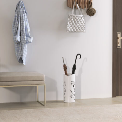 Paragüero de Acero con 4 Ganchos y Bandeja de Goteo Extraíble y Diseño Decorativo 17x17x41 cm Blanco