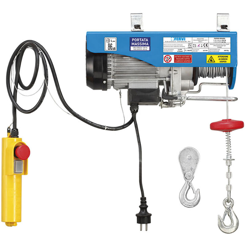 Paranco elettrico Fervi 0602 con fune in acciaio e finecorsa meccanico - portata 200/400 kg - 1 kW