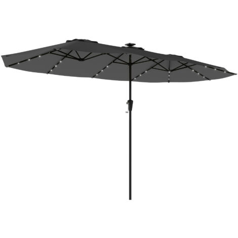 Parapluie double 4x2 m, 36 leds UPF50+, manivelle 12 tiges résistantes eau, gris foncé