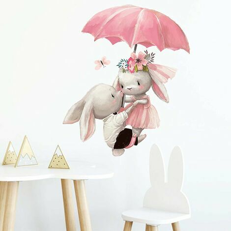 Parapluie Mignon Lapin Décor Dessin Animé Stickers Muraux Peintures Murales Art DIY Affiches Peel & Stick Art Stickers Muraux pour Enfants et Chambre De Pépinière Décoration