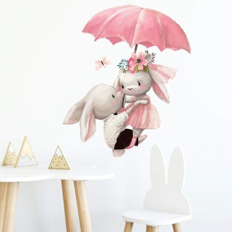 Parapluie Mignon Lapin Décor Dessin Animé Stickers Muraux Peintures Murales Art DIY Affiches Peel & Stick Art Stickers Muraux pour Enfants et Chambre De Pépinière Décoration