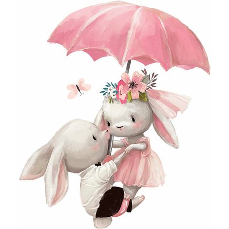Parapluie Mignon Lapin Décor Dessin Animé Stickers Muraux Peintures Murales Art DIY Affiches Peel & Stick Art Stickers Muraux pour Enfants et Chambre De Pépinière Décoration,Seuçais