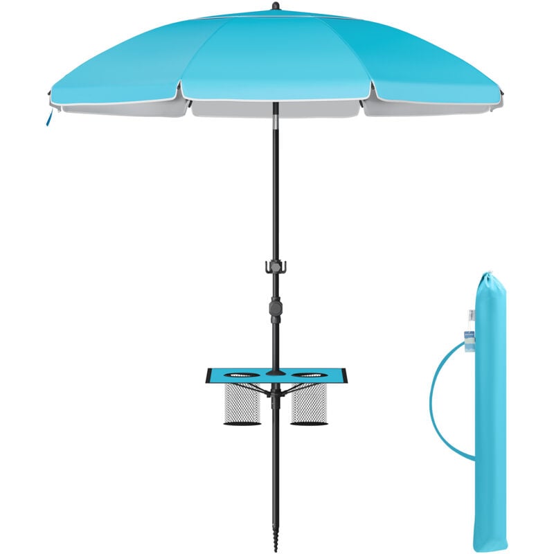 Parasol 160 cm, upf 50+, Inclinaison de 30° des 2 Côtés, Hauteur Réglable, Petite Tablette, Crochets, Adapté pour Plage, Jardin, Sans Base, Bleu