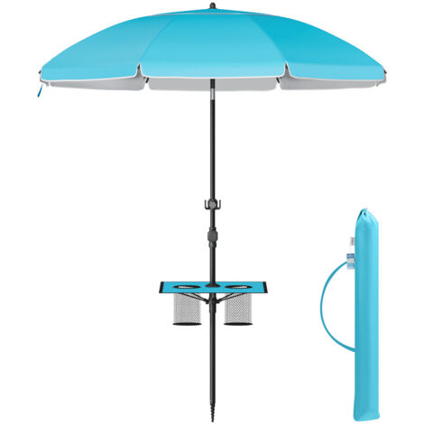 Parasol 200 cm, UPF 50+, Inclinaison de 30° des 2 Côtés, Hauteur Réglable, Petite Tablette, Crochets, Adapté pour Plage, Jardin, Sans Base, Bleu