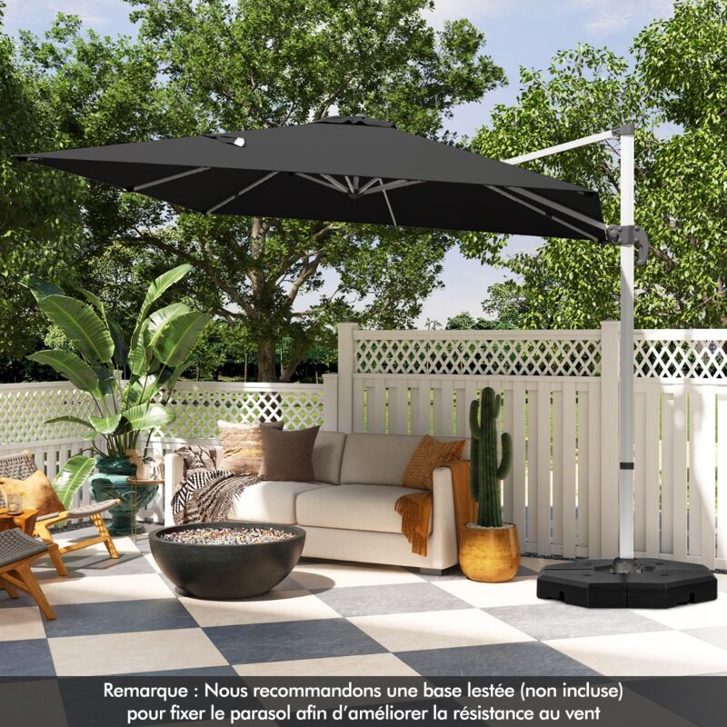 Parasol 300 cm Carré Déporté 360° Inclinaison Réglable Coupe-Vent Noir CW95771