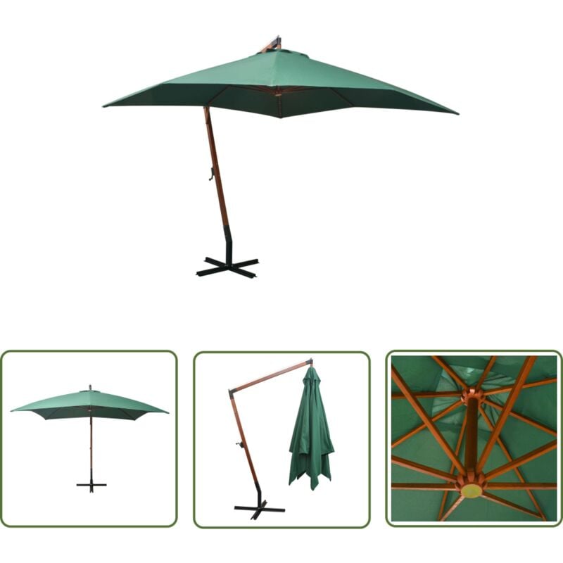 Les Tendances - The Living Store Parasol suspendu avec poteau en bois 300x300 cm vert - Parasol Suspendu - Parasol De Jardin - Parasol En Bois