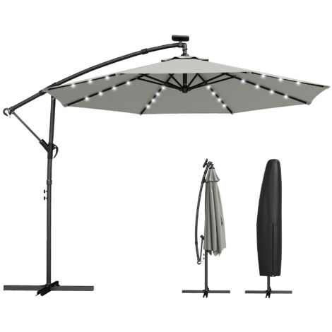 Parasol à énergie solaire LED, d'environ 300 cm de diamètre, rotatif, avec support à manivelle et housse de protection, gris clair.