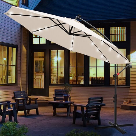 RANDACO Parasol avec LED, 350 x 350 cm, UPF 30+, rotation 360°, fonction d'inclinaison, hydrofuge, beige