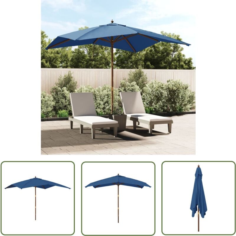 The Living Store Parasol de jardin avec mât en bois bleu azuré 300x300x273 cm - Parasol De Jardin - Parasol Bleu - Parasol Rectangulaire - Parasol