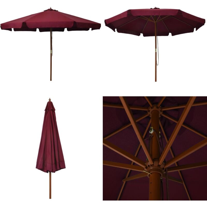 Parasol d'extérieur avec mât en bois 330 cm Bordeaux - Parasol - Parasol Exterieure - Parasol Bois - Parasol Rouge - Parasol Jardin - Home & Living