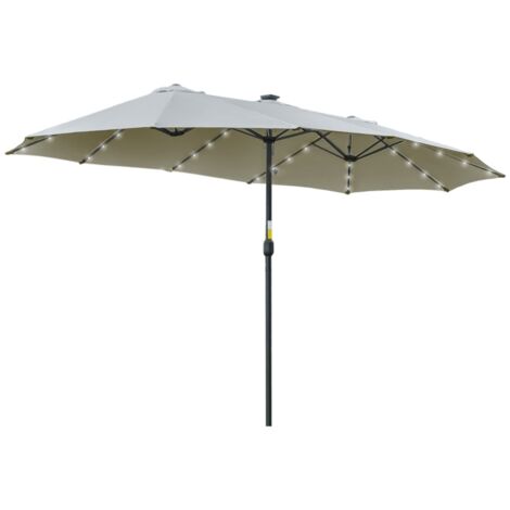 Parasol avec panneau solaire LED, parasol double ovale de 4,5 m, gris clair et noir, idéal pour terrasse et jardin.