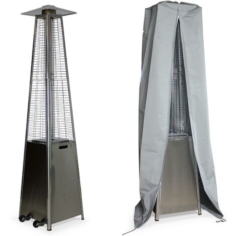 Parasol chauffant au gaz pyramide - Greenland avec housse de protection grise - Chauffage d'extérieur 11,2kW en acier inoxydable, véritable flamme, tubes quartz, roulettes