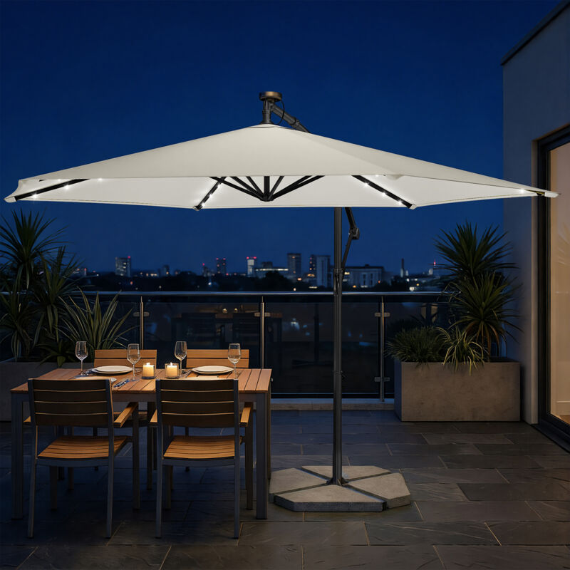 Parasol déporté de 350 cm de Diamètre, avec 32 LED, Socle, Manivelle d’Ouverture et de Fermeture, Beige
