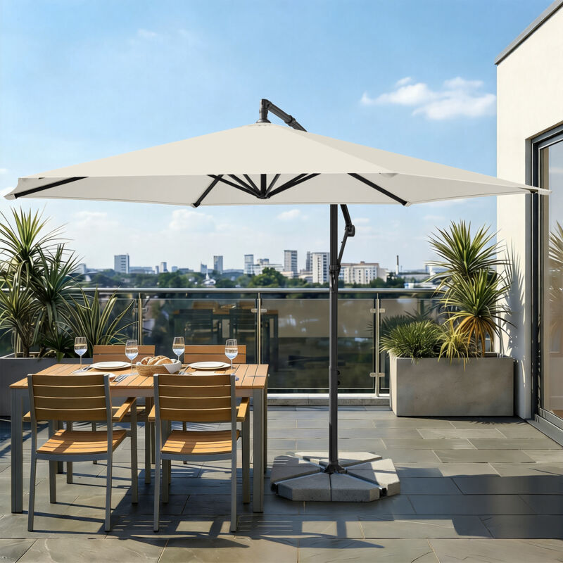 Parasol déporté de 350 cm de Diamètre, avec Socle, Manivelle d’Ouverture et de Fermeture, Beige