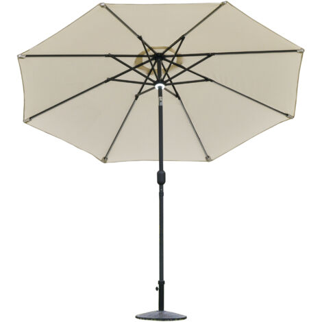 Parasol de Jardin Ø270 x 245 cm avec Ouverture à Manivelle, Inclinable, LED Solaire et Panneau Solaire, Blanc Crème