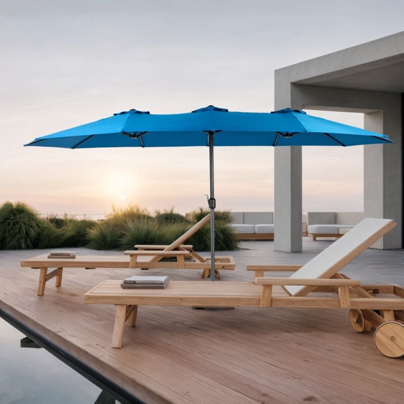 Parasol de jardin 4,5 m, avec 12 cadres en acier, toile en polyester, mât en aluminium, manivelle pour jardin, balcon, terrasse - Bleu foncé