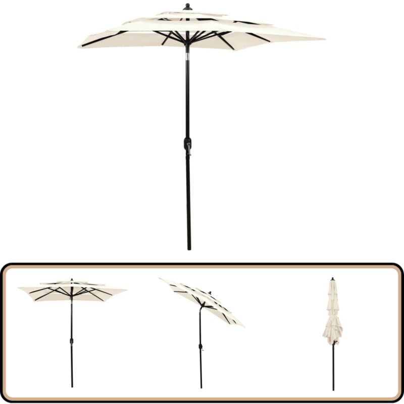 Parasol de jardin à 3 niveaux avec mât en aluminium sable 2x2 m - Parasol De Jardin - Parasol Rectangulaire - Parasol Beige - Parasol 2x2 Mètres