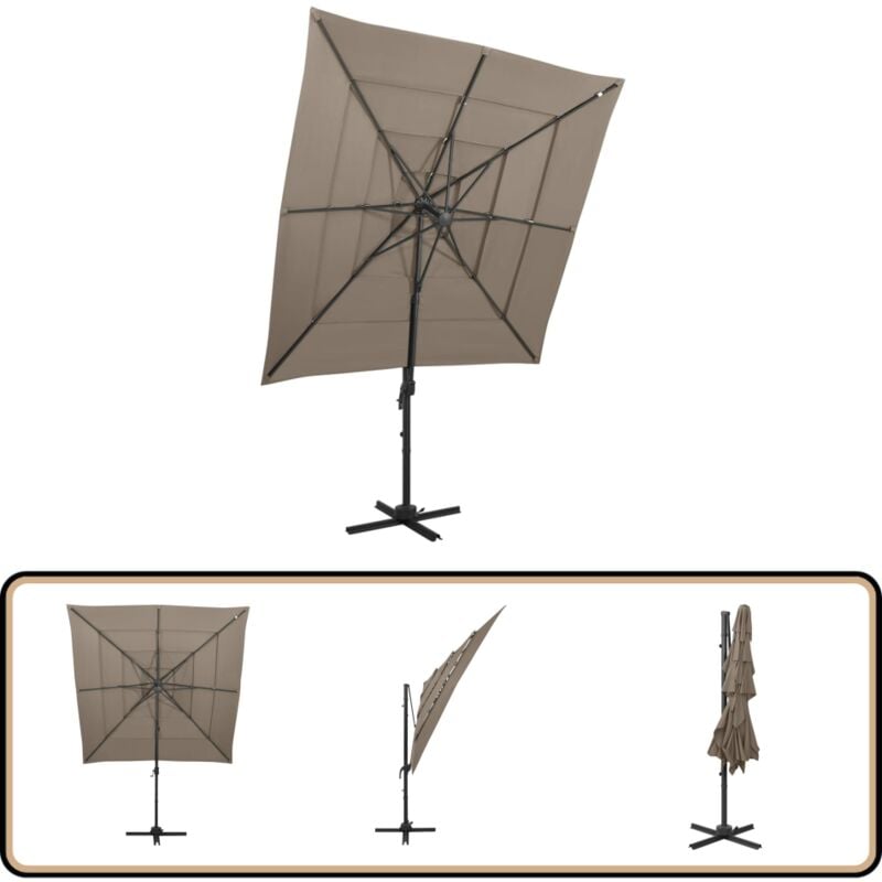 Parasol de jardin à 4 niveaux avec mât en aluminium taupe - Parasol De Jardin - Parasol Exterieur - Parasol Taupe - Parasol Aluminium - Parasol 4