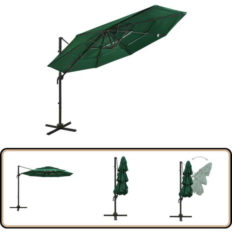 Parasol de jardin à 4 niveaux avec mât en aluminium vert 3x3 m - Parasol De Jardin - Parasol Extérieur - Parasol Vert - Parasol 3x3 Mètres - Parasol