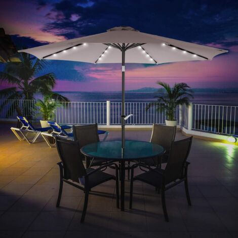 Parasol de Jardin avec Ampoules LED à énergie Solaire, Ombrelle de terrasse, diamètre 3 m, Protection salaire UPF50+, Inclinaison réglable, avec manivelle, sans Socle, Taupe GPU33BR