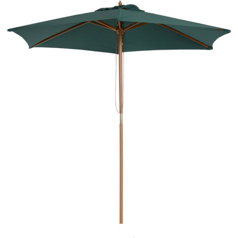 Parasol de jardin de 2,5 x 2,3 m à 6 baleines, en bois et polyester, couleur vert foncé.