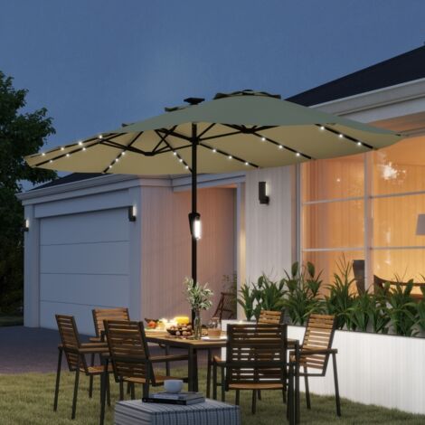 Parasol de Jardin Double 36 LED Solaires Rectangulaire UPF 50+ Structure à 12 Baleines avec Manivelle 395x215cm Beige