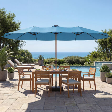 Parasol de jardin double 5 x 3 m parasol de jardin extérieur avec base incluse. manivelle. protection UV. bleu