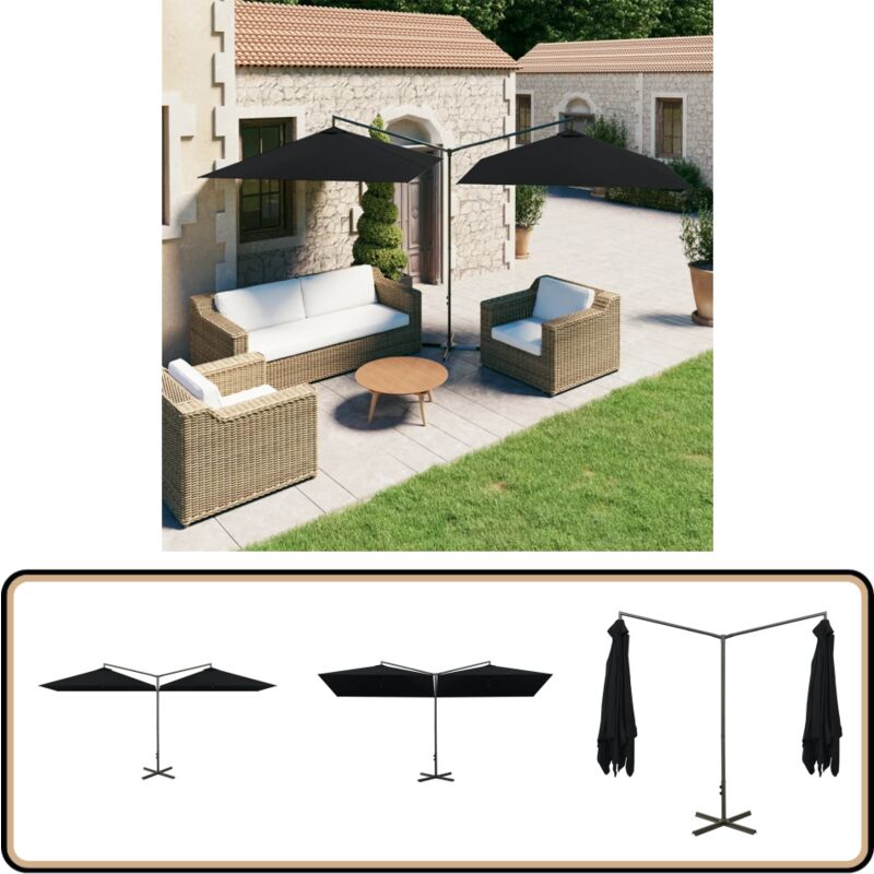 Vidaxl - Parasol de jardin double avec mât en acier noir 600x300 cm - Parasol De Jardin - Parasol Double - Parasol Rectangulaire - Parasol Noir