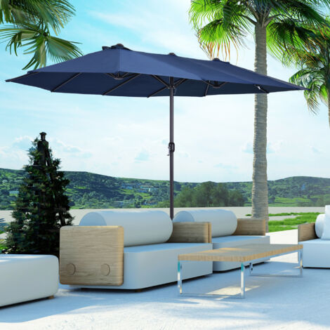 Parasol de jardin double en acier bleu avec toile polyester, manivelle, 460 x 270 x 240 cm