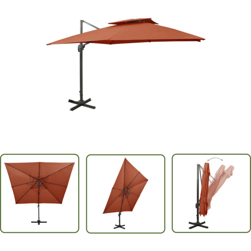 The Living Store Parasol de jardin en porte-à-faux avec double toit terre cuite - Parasol De Jardin - Parasol Terrasse - Parasol Rectangulaire
