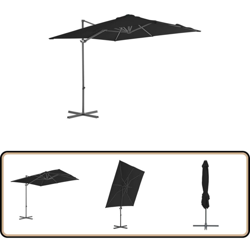 Parasol de jardin en porte-à-faux avec mât en acier noir - Parasol De Jardin - Parasol Suspendu - Parasol Rectangulaire - Parasol Noir - Parasol